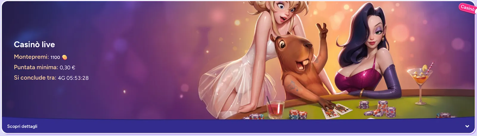 Torneo Casinò live su SpinBara: partecipa con puntate da 0,30 € per vincere una parte del montepremi di 1100 € Personaggi animati giocano al casinò live con fiches, carte e cocktail, durante il torneo con montepremi di 1100 €