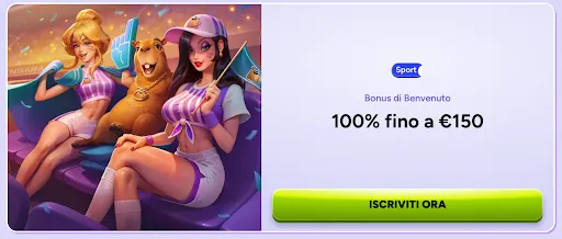 Bonus di benvenuto 100% fino a €150 per le scommesse sportive – Registrati ora su Spinbara Illustrazione promozionale con due tifose e una mascotte durante una partita, offerta di benvenuto per scommesse sportive