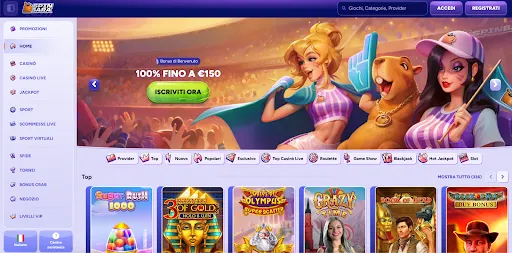 SpinBara Casino - Bonus di benvenuto fino a €150 e giochi da casinò più popolari Pagina principale di SpinBara Casino con banner del bonus di benvenuto e giochi popolari come Sugar Rush, Gates of Olympus e Book of Dead.