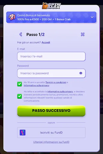 Registrati su SpinBara: ricevi fino a 500 € di bonus, 200 giri gratis e 1 Bonus Crab – Inserisci e-mail e password per iniziare Modulo di registrazione al casinò SpinBara con inserimento e-mail e password, offerta di benvenuto fino a 500 € + 200 giri + 1 Bonus Crab