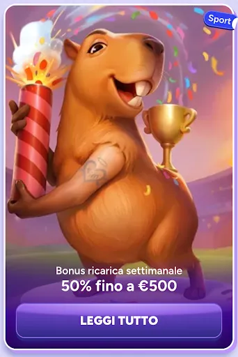 Offerta settimanale sport: bonus ricarica del 50% fino a €500 – Leggi tutti i dettagli su Spinbara Mascotte del casinò con trofeo e fuoco d'artificio, promozione bonus ricarica settimanale fino a €500