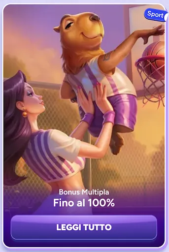 Promo sportiva: ottieni un Bonus Multipla fino al 100% – Scopri tutti i dettagli su Spinbara Mascotte del casinò fa canestro con l'aiuto di una ragazza, promozione Bonus Multipla fino al 100%