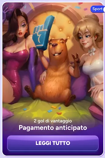 Offerta Pagamento Anticipato: incassa la vincita se la tua squadra va in vantaggio di 2 gol – Solo su SpinBara Mascotte del casinò seduta tra due ragazze sorridenti, promozione sportiva con pagamento anticipato se la squadra va in vantaggio di 2 gol