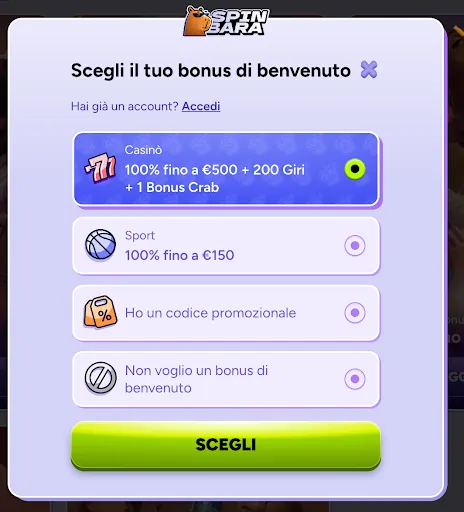 Scegli il tuo bonus di benvenuto su SpinBara: fino a €500 per il Casinò o €150 per lo Sport Finestra di selezione del bonus di benvenuto su SpinBara con opzioni per Casinò, Sport, codice promozionale o nessun bonus