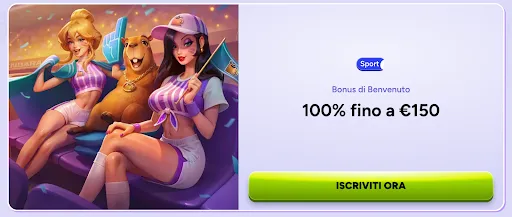 Bonus di benvenuto per le scommesse sportive SpinBara – 100% fino a €150 per i nuovi utenti Immagine promozionale di SpinBara con personaggi da stadio e offerta sportiva del 100% fino a €150